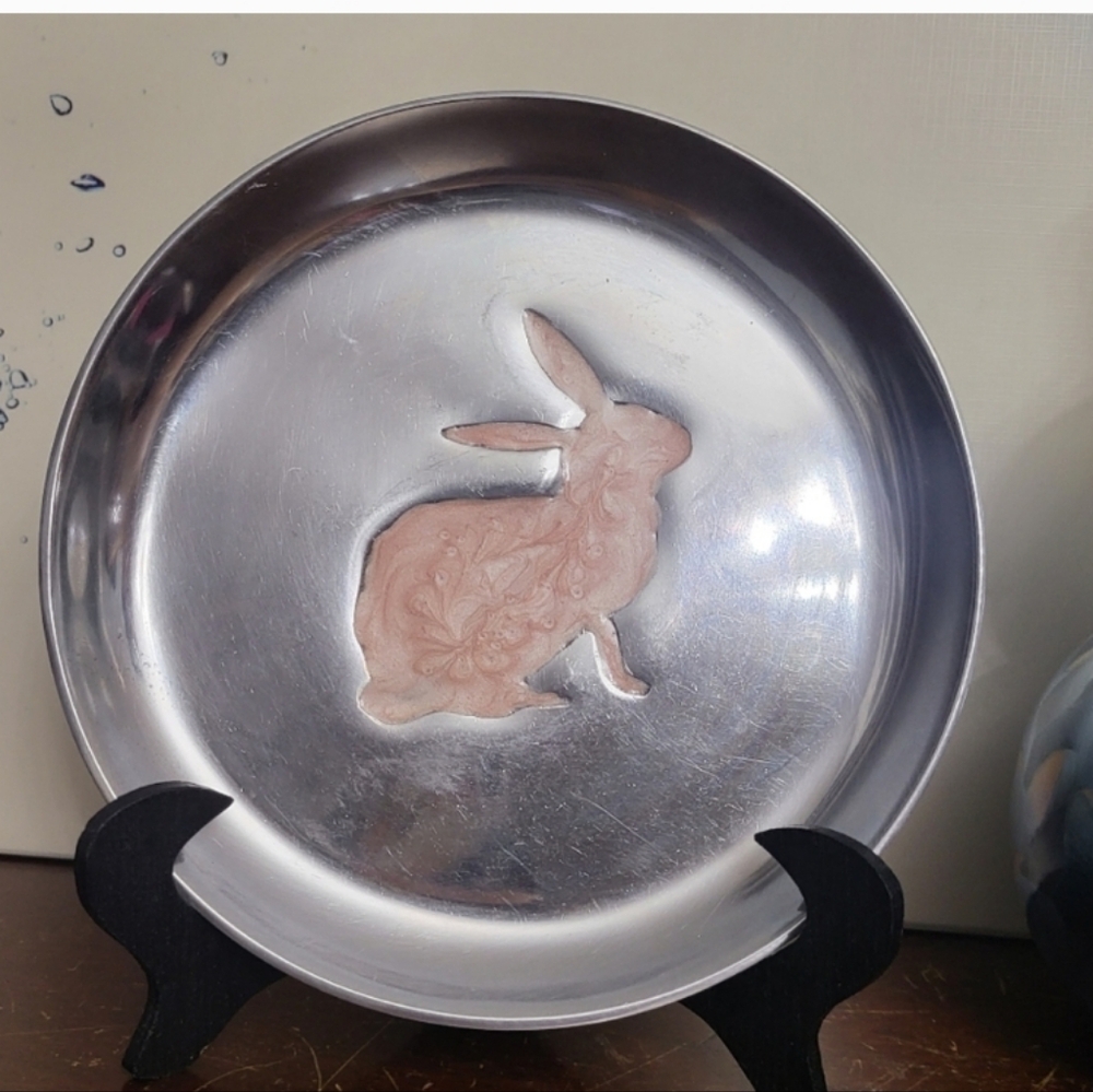 Silver and Pink Rabbit Decorative Plate